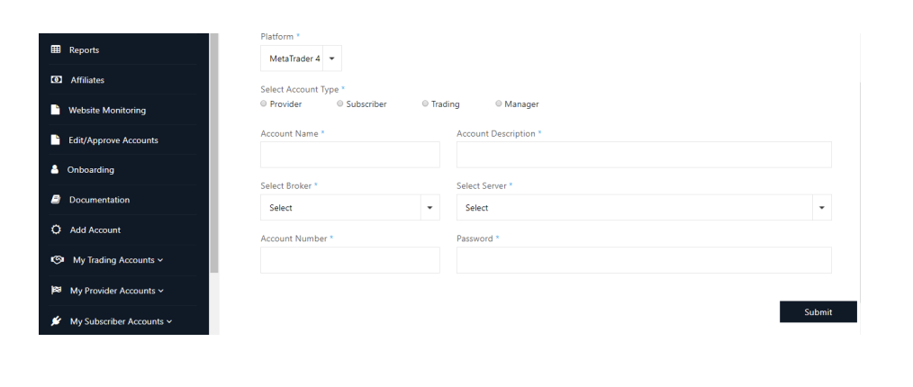 Add Account – platform and account type setup