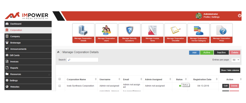 Real-Estate Brokerage – Manage Corporation Details